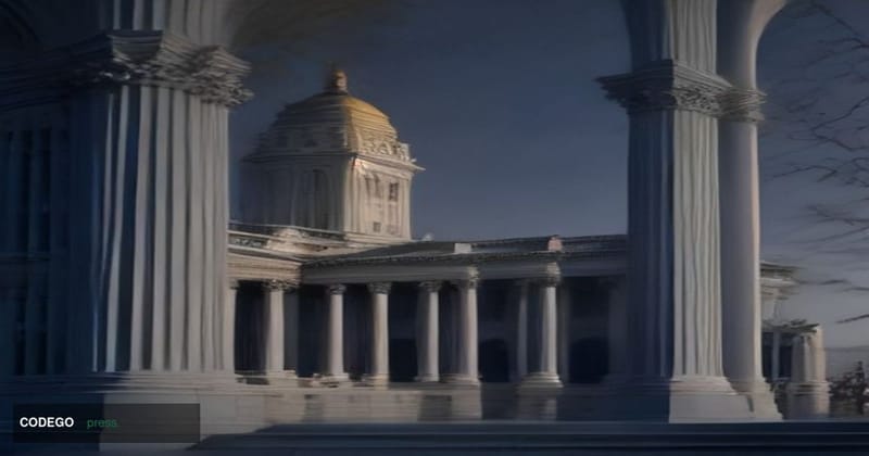 A cinematic editorial photograph depicting the exterior of the Eisenhower Executive Office Building in Washington D.C. at daw