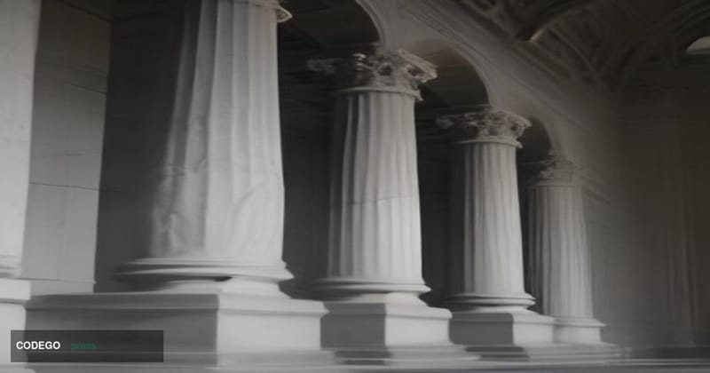 A cinematic editorial photograph shot at ground level looking upward at the neoclassical stone facade of the U.S. Department 