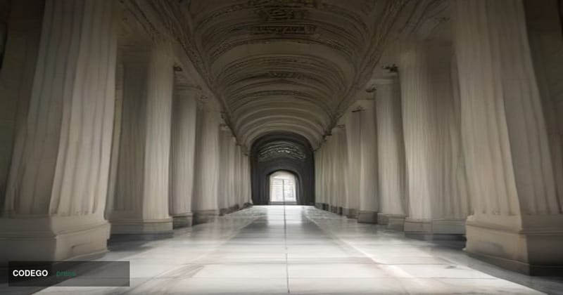 A dramatic cinematic editorial photograph set inside a vast, modernist U.S. federal building interior — inspired by the neocl
