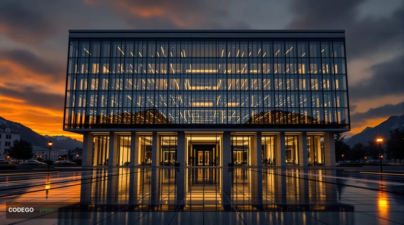 A dramatic wide-angle exterior shot of a grand Swiss banking headquarters rendered in sleek stone and glass architecture, pho