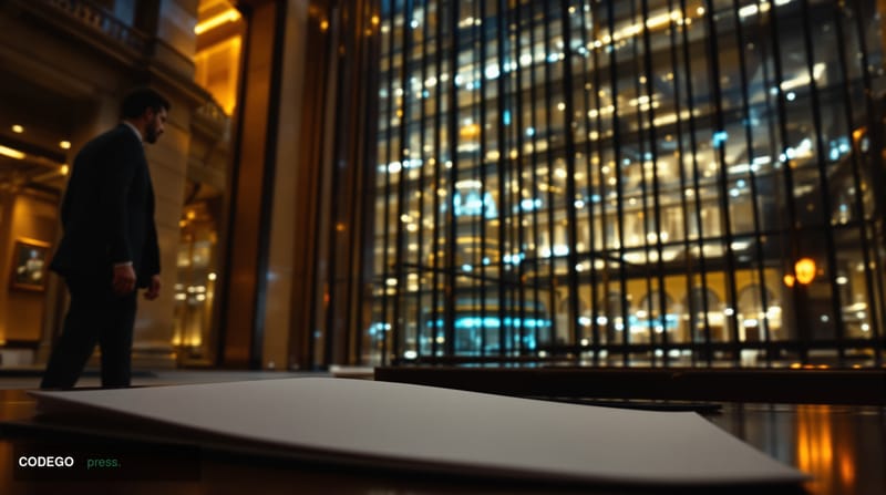 A cinematic editorial photograph shot from a low angle looking up at the imposing glass-and-steel façade of a major London fi