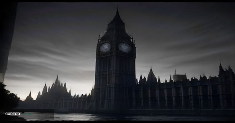 A cinematic editorial photograph of the Palace of Westminster viewed from across the Thames at dusk, its Gothic stone towers 