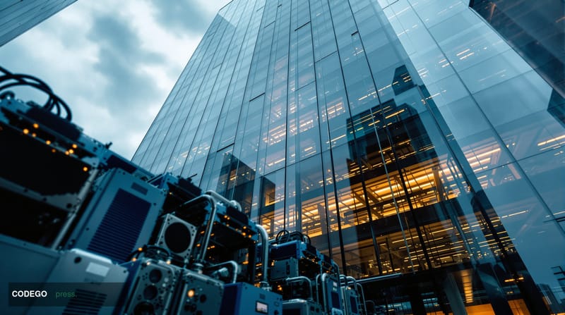 A cinematic editorial photograph shot from a low angle looking up at a sleek, modernist glass-and-steel government regulatory