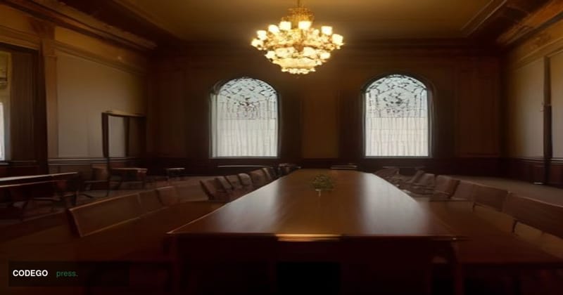 A cinematic editorial photograph set inside a grand federal-style financial institution conference hall, shot from a low wide