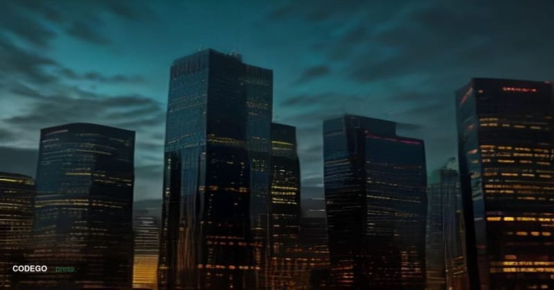 A dramatic split-composition cinematic editorial photograph shot from a low angle at dusk, with the left half dominated by th
