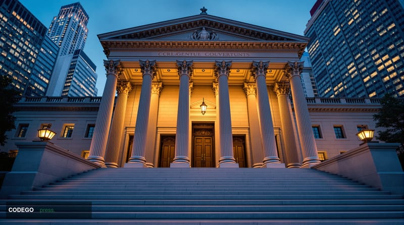 A grand neoclassical federal banking authority building exterior photographed at dusk from a low-angle wide shot, its imposin