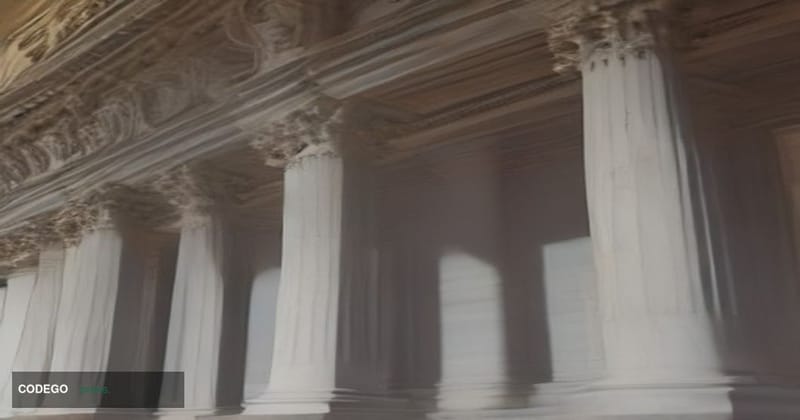 A cinematic editorial photograph shot from a low angle looking upward at the neoclassical stone columns and grand facade of t