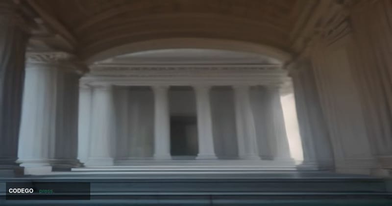 A photorealistic cinematic editorial photograph of the United States Treasury Building in Washington D.C., shot from a low-an