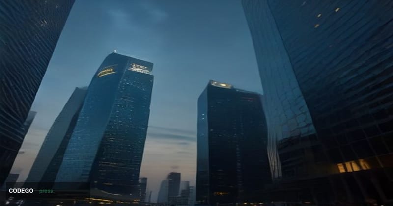 A cinematic editorial photograph taken at ground level looking up at a sleek, modern glass-and-steel financial district tower