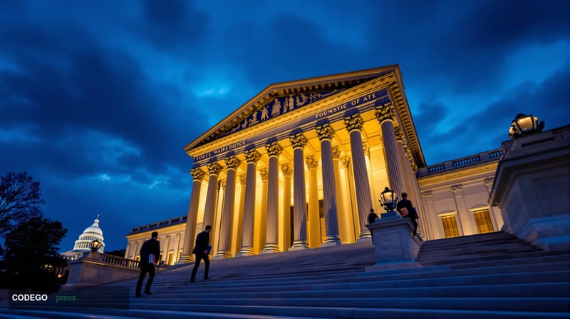 A cinematic photorealistic 8K editorial photograph of the neoclassical facade of a grand federal government building in Washi