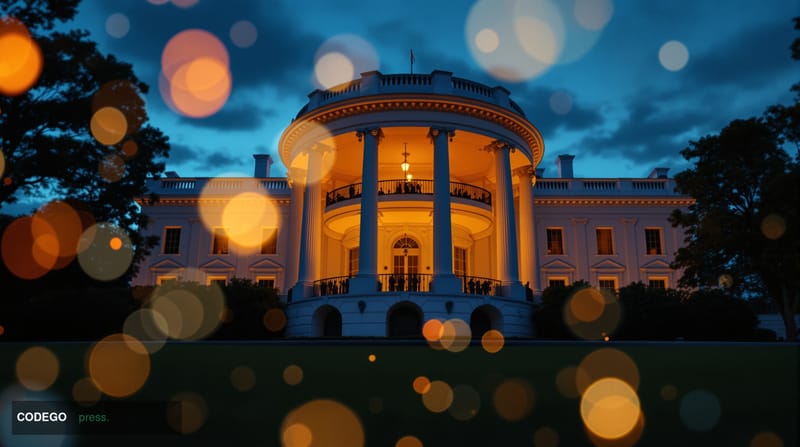 A cinematic photorealistic editorial photograph of the White House's iconic North Portico at dusk, shot from a low wide-angle