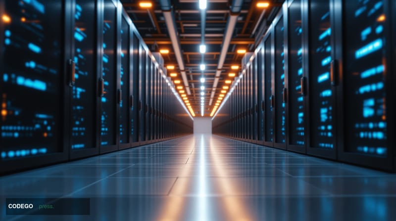 A cinematic editorial photograph of a vast, immaculate financial data center corridor shot from a low angle looking toward a 