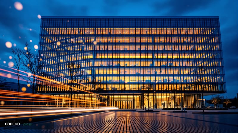 A cinematic editorial photograph of a sleek modern fintech headquarters building exterior at dusk, set in a Latin American ur