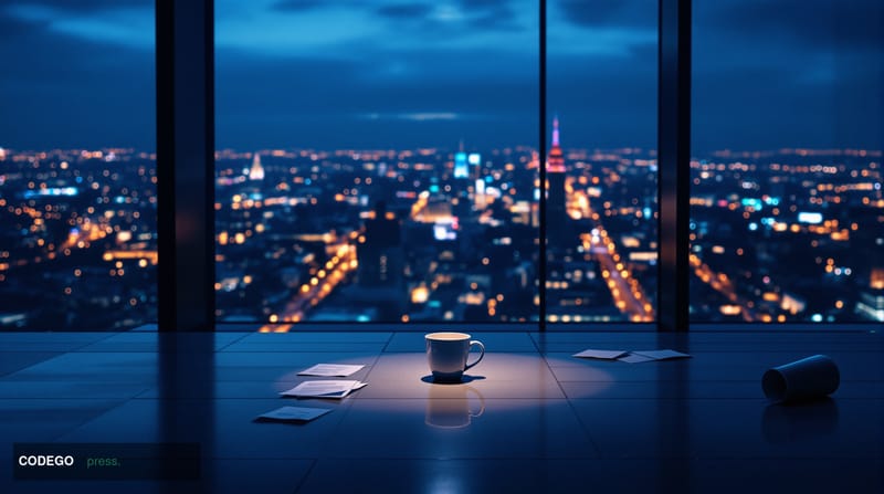 A dramatic cinematic editorial photograph depicting the interior of a modern financial trading floor at night, with empty erg