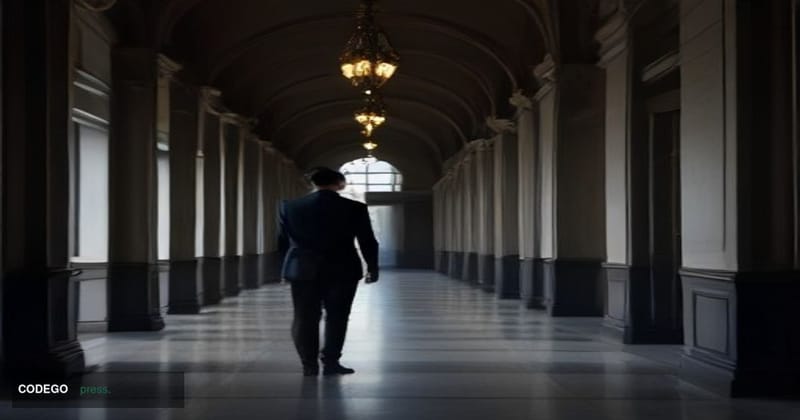 A cinematic editorial photograph set in a moody Warsaw courtroom corridor at dusk, with dramatic chiaroscuro lighting casting