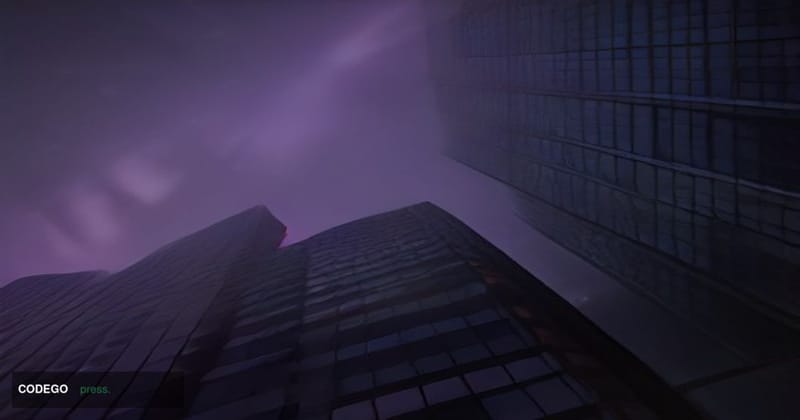 A cinematic editorial photograph shot from a low angle looking up at the glass-and-steel exterior of a towering institutional