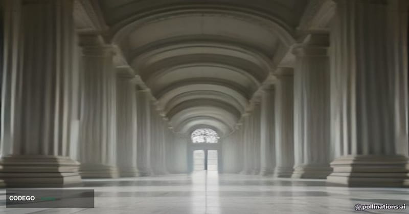 A dramatic cinematic editorial photograph taken from a low-angle perspective inside a grand federal courthouse corridor, marb