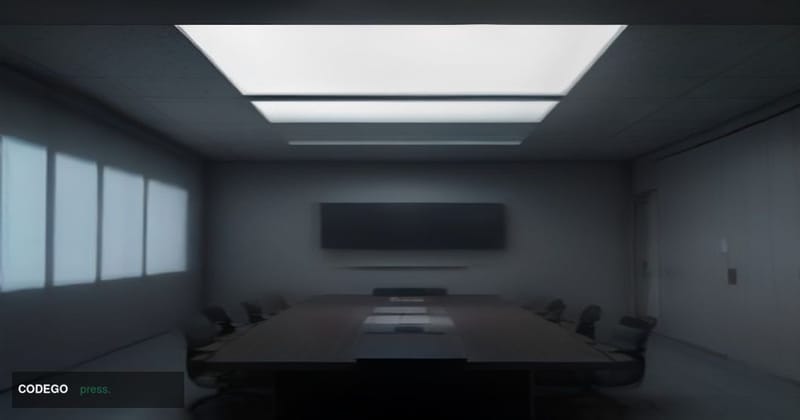 A cinematic editorial photograph of a sleek modern payments technology operations center interior, shot from a low wide angle
