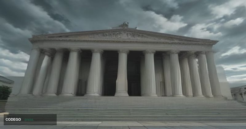 A cinematic editorial photograph shot at ground level looking up at a grand neoclassical government-style financial building 