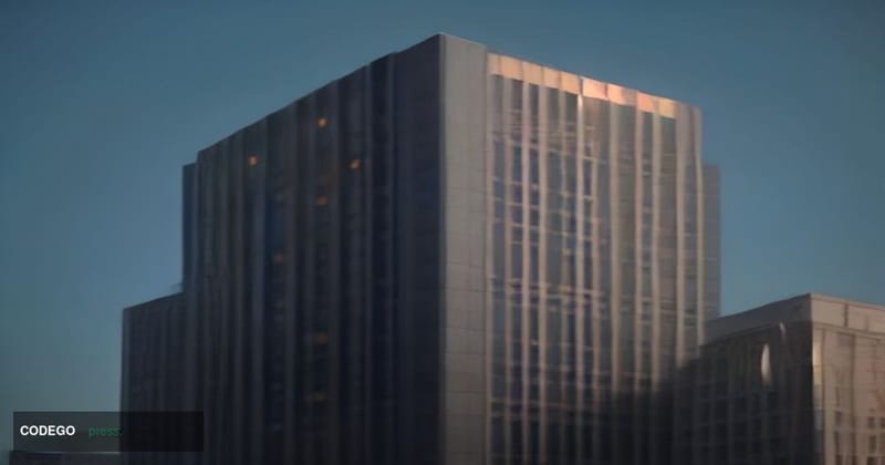 A dramatic cinematic editorial photograph shot at low angle looking upward at two monumental glass-and-steel government or fi