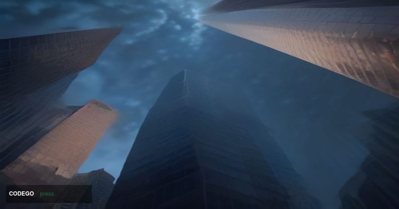 A wide-angle cinematic editorial photograph shot at ground level looking upward at a sleek modern glass-and-steel financial d