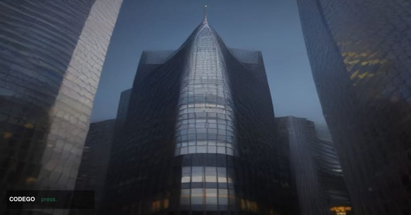 A cinematic editorial photograph of a glass-and-steel financial district office tower shot from a low angle at dusk, represen