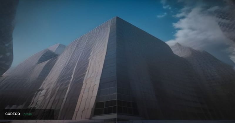 A dramatic cinematic editorial photograph taken at ground level looking upward at a monumental Australian government financia