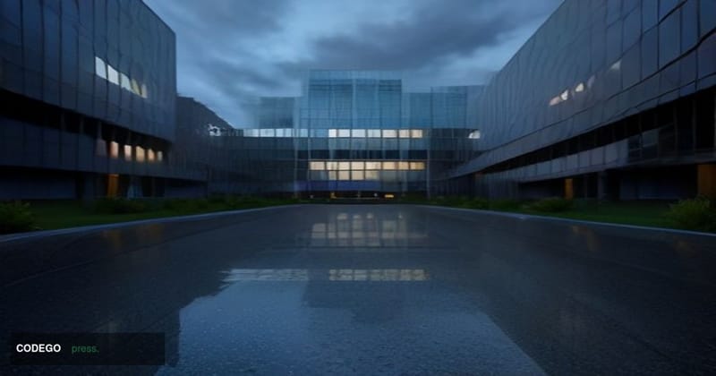 A dramatic low-angle exterior shot of a modernist Australian government regulatory building in Canberra at dusk, its glass an