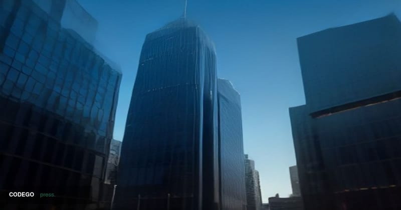 A wide-angle cinematic editorial photograph of the Australian financial district in Sydney, shot at dusk from a low angle loo