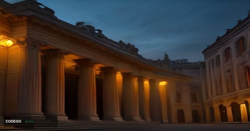 A grand neoclassical Italian banking institution photographed at dusk from a low wide-angle perspective, its stone columns an