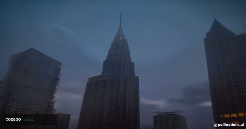 A sweeping cinematic editorial photograph of the Kuala Lumpur financial district at dusk, shot from a low-angle perspective l