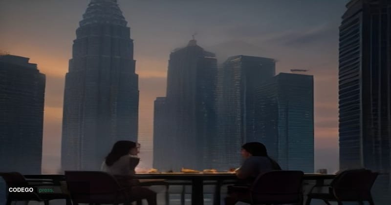 A cinematic editorial photograph set in Kuala Lumpur at dawn, with the iconic Petronas Twin Towers rising in the mid-ground a