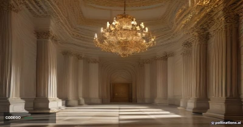 A cinematic editorial photograph set inside a grand neoclassical banking conference hall in Madrid, reminiscent of the Bank o