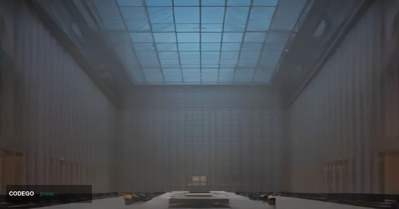 A wide-angle cinematic shot looking up through the glass atrium of a monumental European banking headquarters, shot at dusk w