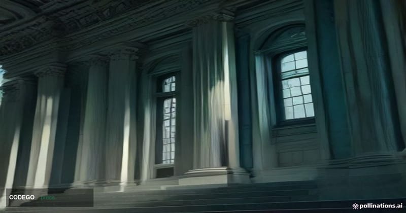 A cinematic editorial photograph shot from a low angle looking up at the imposing neoclassical stone facade of a large Americ