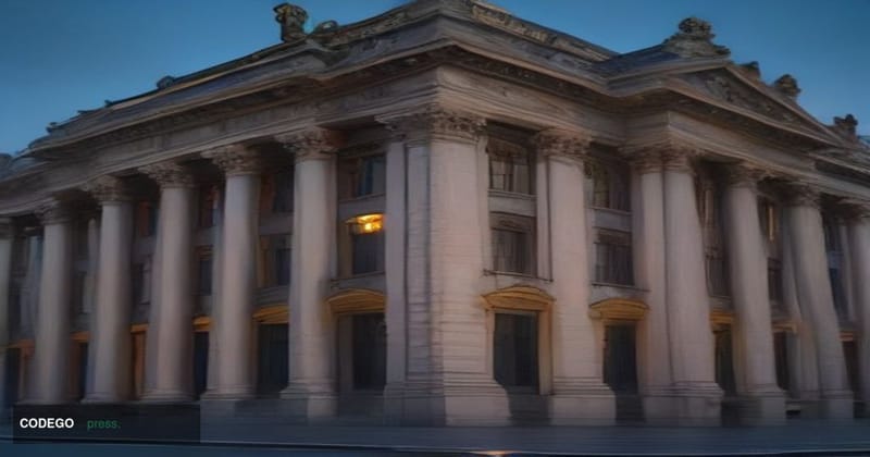 A grand neoclassical central bank building in Brussels, Belgium, photographed at dusk from a low-angle perspective, with the 
