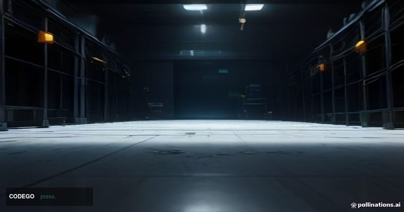 A dramatic cinematic editorial photograph set in a stark, dimly lit server room corridor with cold blue LED lighting casting 
