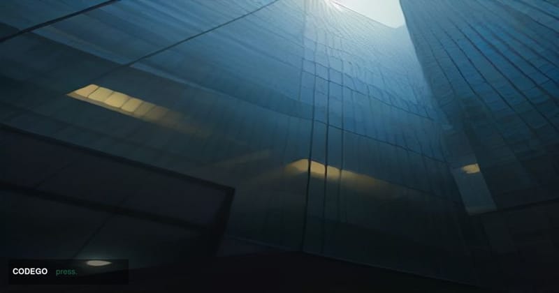 A cinematic editorial photograph shot from a low angle looking up at the glass-and-steel facade of a major financial exchange