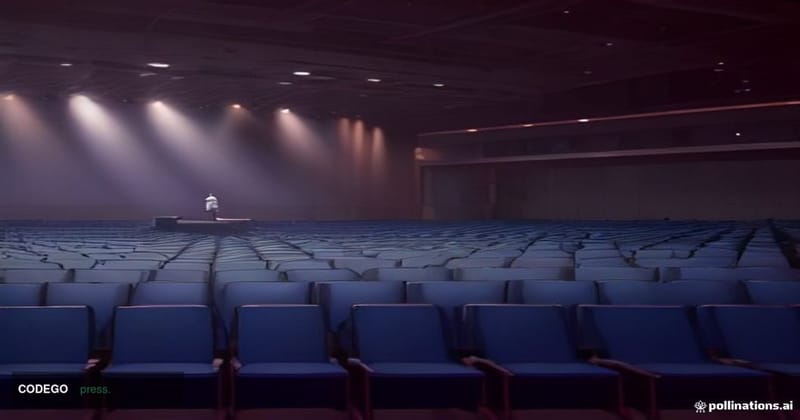 A wide-angle cinematic editorial photograph set inside a grand Mumbai convention centre auditorium at dusk, with a lone silho