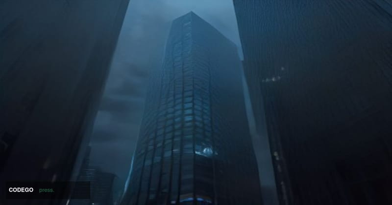 A dramatic split-composition cinematic editorial photograph taken at a low angle in a sleek European financial district at tw