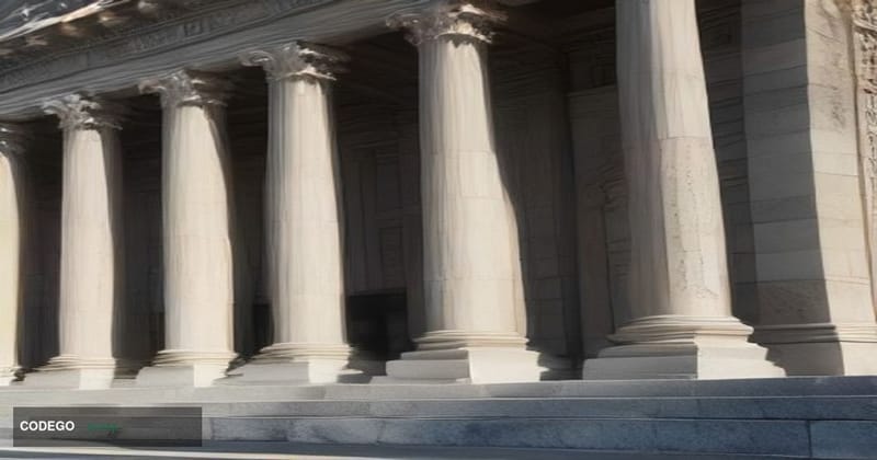 A cinematic editorial photograph of a monumental federal banking institution facade — neoclassical granite columns and stone 