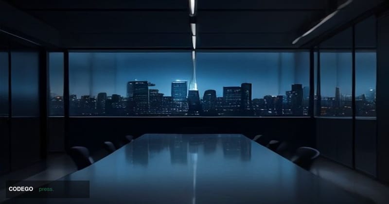 A cinematic editorial photograph set inside a modern financial technology office corridor, shot from a low angle looking towa