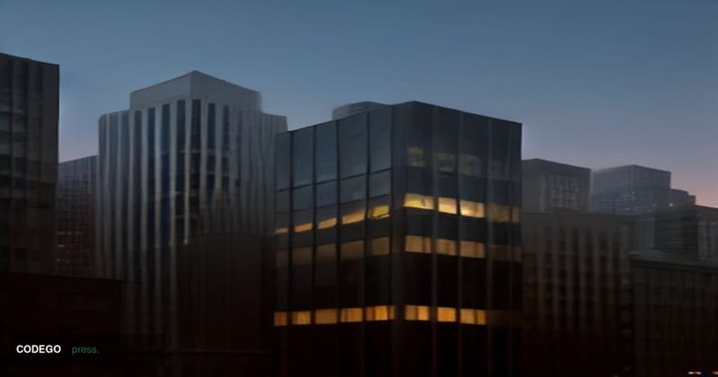 A cinematic editorial photograph of a sleek, modernist financial district office tower in San Francisco's SoMa neighborhood a
