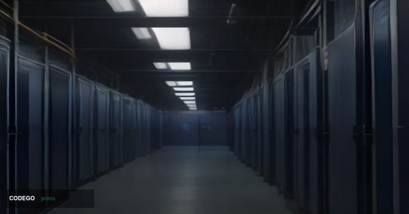 A dramatic cinematic editorial photograph of a fortified server infrastructure corridor deep inside a high-security data cent