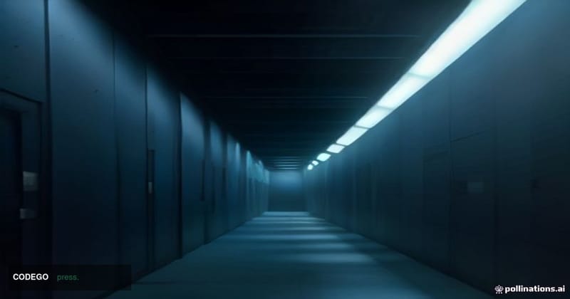 A cinematic editorial photograph set inside a dimly lit, high-security data center corridor, with rows of darkened server rac