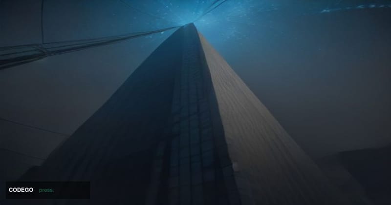 A dramatic photorealistic editorial photograph shot from a low angle looking up at a vast modernist banking headquarters at t