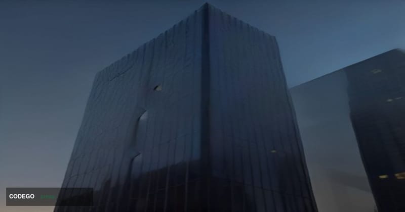 A cinematic editorial photograph shot from a low angle looking upward at the glass-and-steel facade of a major financial dist