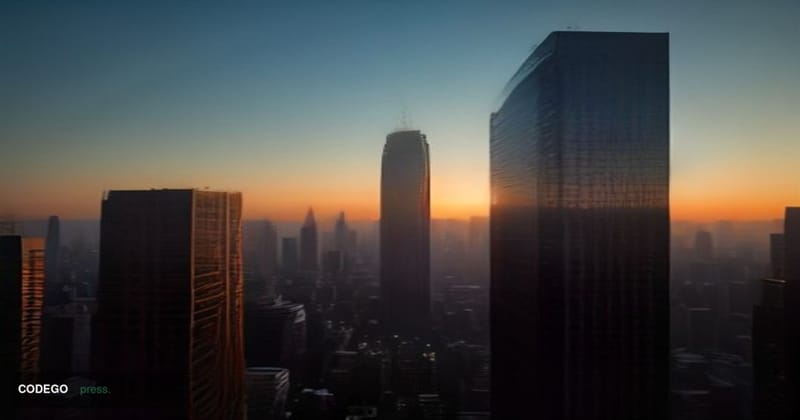 A cinematic aerial view of São Paulo's Paulista Avenue financial district at golden hour, its iconic modernist bank headquart