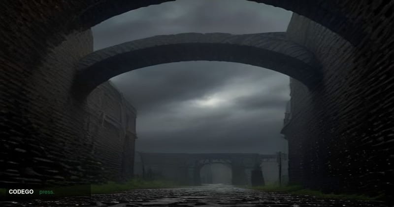 A cinematic editorial photograph shot from ground level looking upward along a Victorian-era brick railway viaduct in central