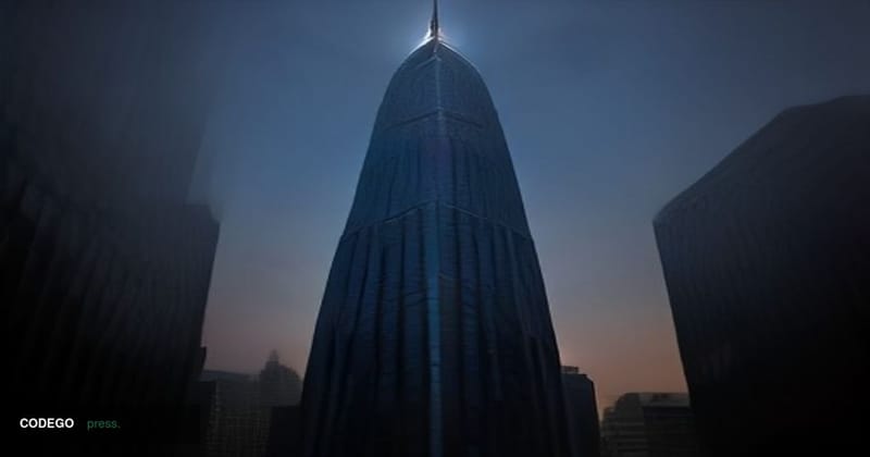 A dramatic cinematic editorial photograph taken at a wide low angle looking up at a sleek, towering glass-and-steel corporate